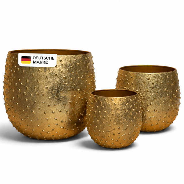 Pflanztöpfe Metall 3er Set Gold-Bronze in strukturierter Reliefoptik Pflanztöpfe Metall 3er Set Gold-Bronze in strukturierter Reliefoptik
